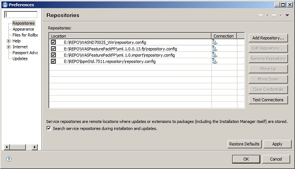 IBM Installation Manager - Repositorios existentes correspondientes a los Fixes mandatorios de la versión 7.5.1.0