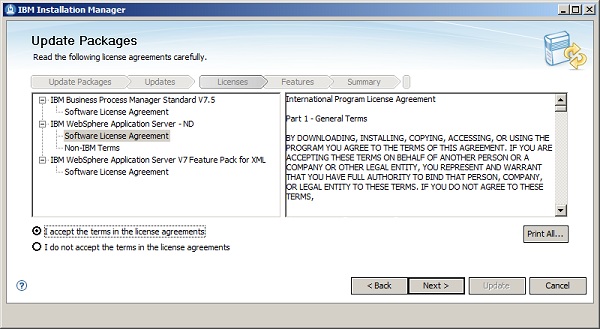 IBM Installation Manager - Aceptación de términos y condiciones