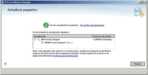 IBM Installation Manager - Mensaje al finalizar exitosamente la actualización