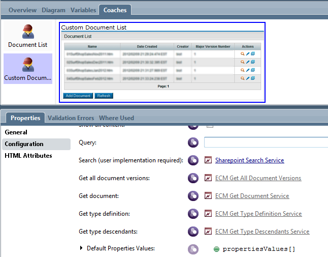 Configuración del componente 'Custom Document List'