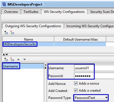 Configuración de las credenciales en la entrada de seguridad