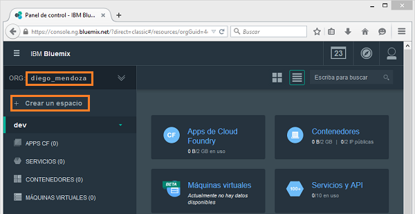 Consola de IBM Bluemix