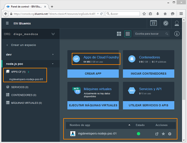 Visualización de la consola de IBM Bluemix con la aplicación desplegada